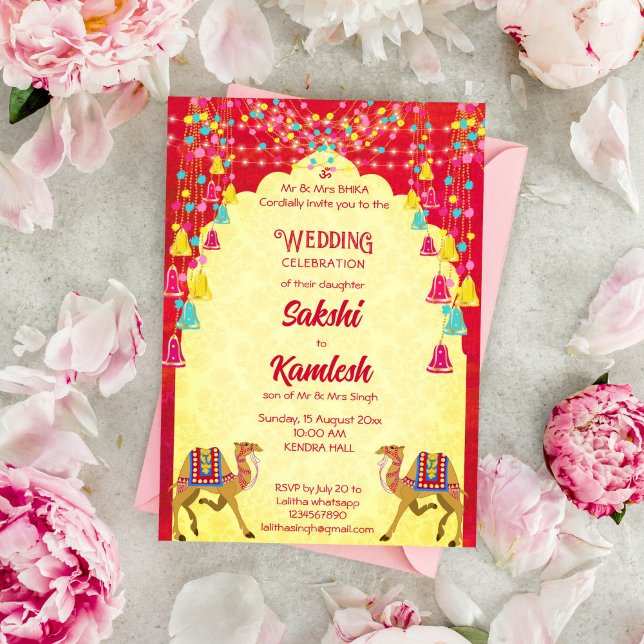 Indian wedding Rajasthani camels colourful Invitation (Indian wedding template invitation instant download Rajasthani camels arch frame cerise and yellow)