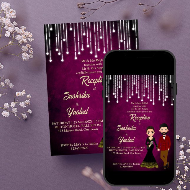 Indian wedding reception cute bridal couple invitation (Indian wedding reception cute bridal couple cartoon editable template invitation digital download)