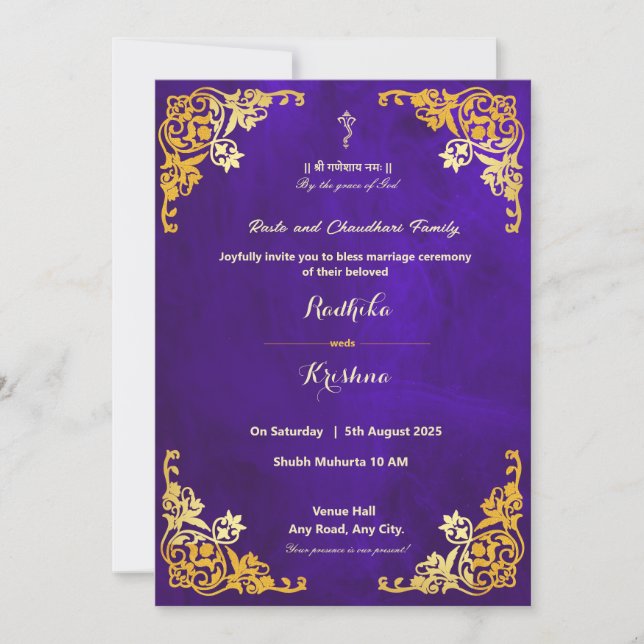 Indian wedding royal blue hindu invitation (Front)