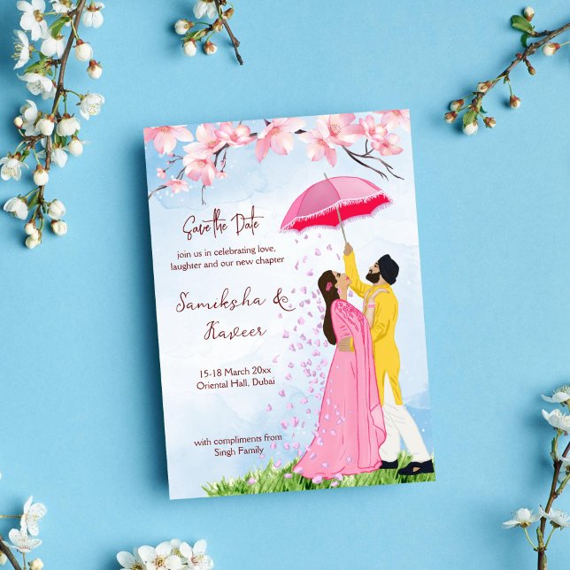 Indian wedding save the date couple with umbrella invitation (Indian wedding save the date card romantic Indian couple with umbrella falling petals template)