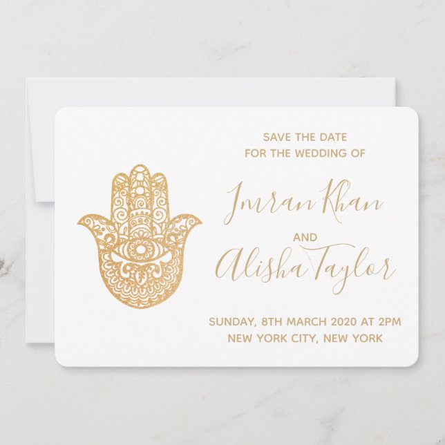Indian Wedding Save the date Gold hamsa Henna (Front)