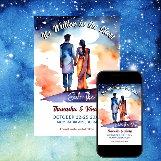 Indian wedding save the date it's written in stars invitation (Indian wedding save the date it's written in the stars editable template romantic watercolor)