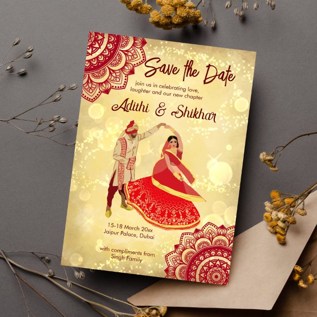 Indian wedding save the date maroon and gold invitation (Indian wedding save the date maroon and gold dancing Indian bridal couple mandalas template invite)