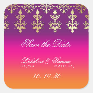Indian Wedding Save the Date Purple Orange  Square Sticker