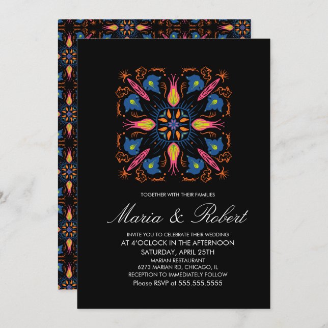 Indian Wedding Theme Elephant Floral Black  Invitation (Front/Back)