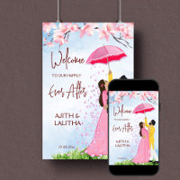 Indian wedding welcome sign couple with umbrella