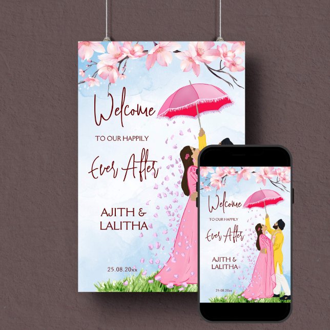 Indian wedding welcome sign couple with umbrella (Indian wedding welcome sign poster instant download romantic sikh couple umbrella falling petals )