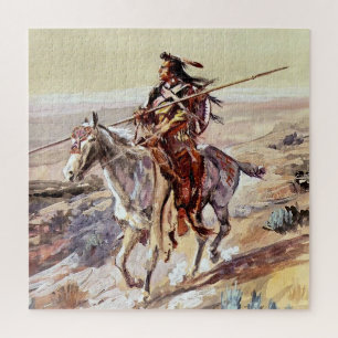 “Indian With Spear” Cowboy Art by Charles Russell Jigsaw Puzzle