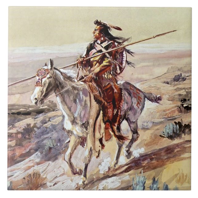 “Indian With Spear” Cowboy Art by Charles Russell Tile (Front)