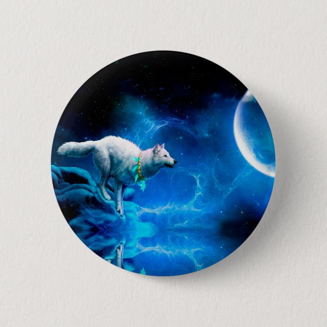 Indian wolf and the full moon 6 cm round badge (Front)
