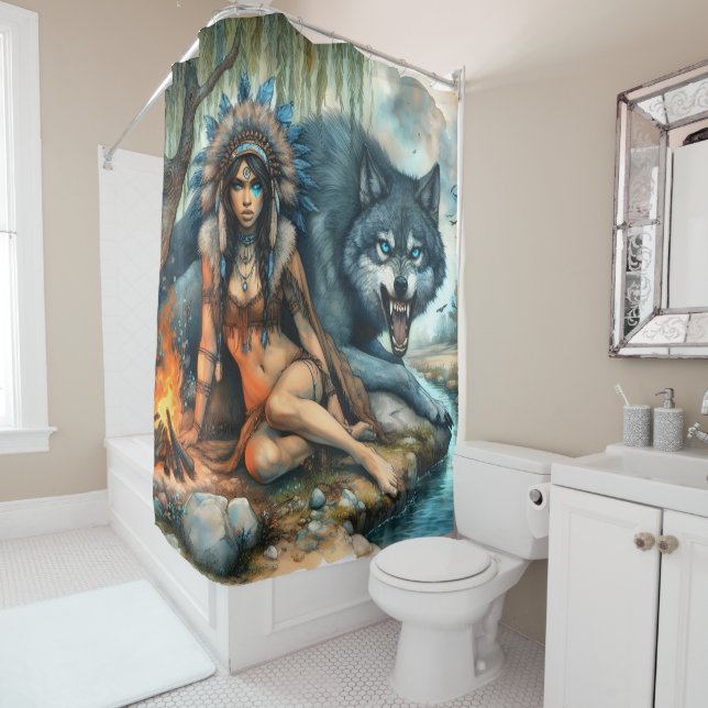 Indian woman and her strong wolf friend shower curtain (In Situ)