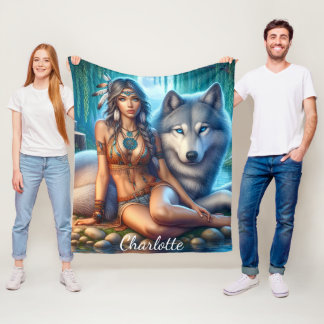 Indian woman and wolf by riverbank fleece blanket
