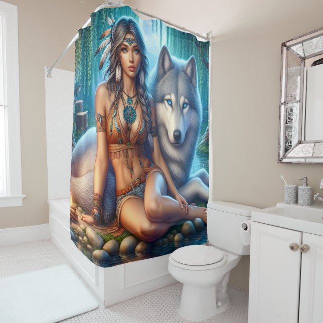 Indian woman and wolf by riverbank shower curtain (In Situ)