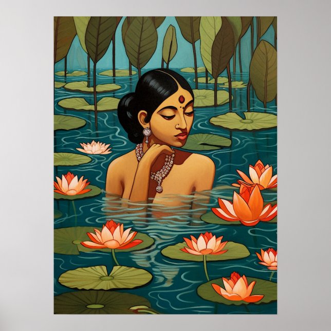 Indian Woman in a pond surrounded by lotus flowers Poster (Front)