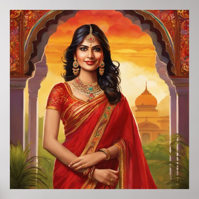 Indian Woman in Temple wearing a Traditional Saree Poster (Front)