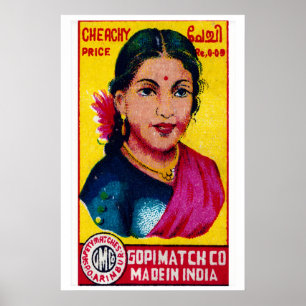 Indian Woman Matchbox Art Print, Vintage 1940s Poster