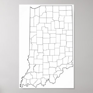 Indiana Counties Blank Outline Map Poster