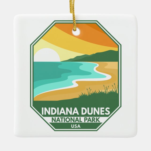 Indiana Dunes National Park Minimal Retro Emblem Ceramic Ornament (Front)