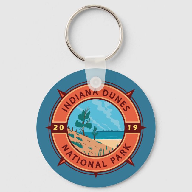 Indiana Dunes National Park Retro Compass Emblem Key Ring (Front)