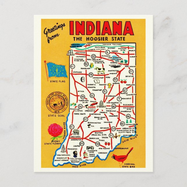  Indiana Hoosier Map Postcard (Front)
