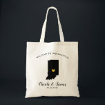 Indiana Map Wedding Welcome Bag Tote Black, Gold<br><div class="desc">Wedding weekend welcome gift bag for out of town guests to your wedding,  featuring image of Indiana,  with gold heart.  Fill tote with your favourite goodies.</div>