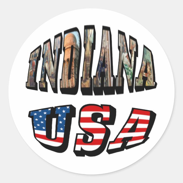 Indiana Picture and USA Flag Text Classic Round Sticker (Front)