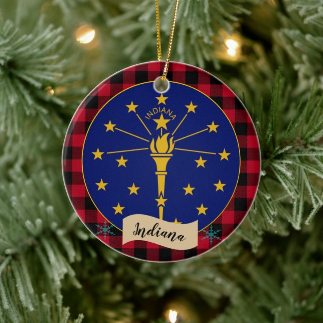 Indiana, Red buffalo plaid & Indiana Flag Ceramic Tree Decoration (Tree)