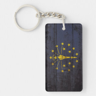 Indiana State Flag on Old Wood Grain Key Ring