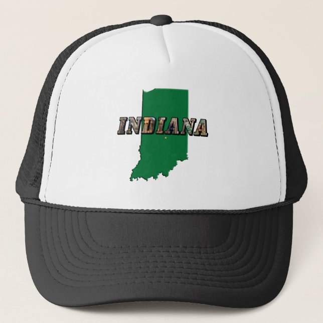 Indiana State Map and Picture Text Trucker Hat (Front)