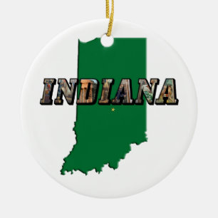 Indiana State Map Green Outline & Photo Text Ceramic Tree Decoration