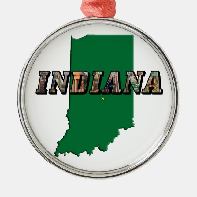 Indiana State Map Green Outline & Photo Text Metal Tree Decoration (Front)