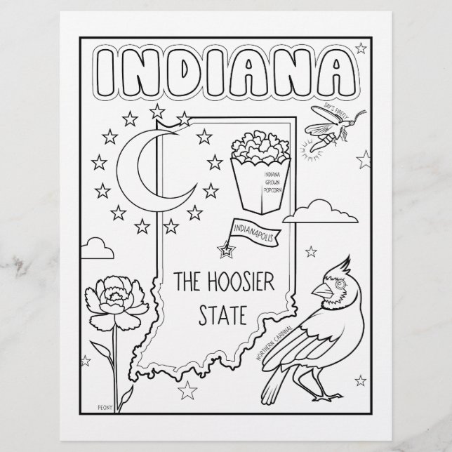 indiana state shape and facts colouring page (Front)