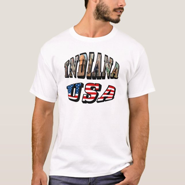Indiana USA Flag & State Photo Text T-Shirt (Front)
