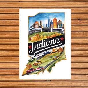 Indiana USA State Shaped Vintage Watercolor  Postcard