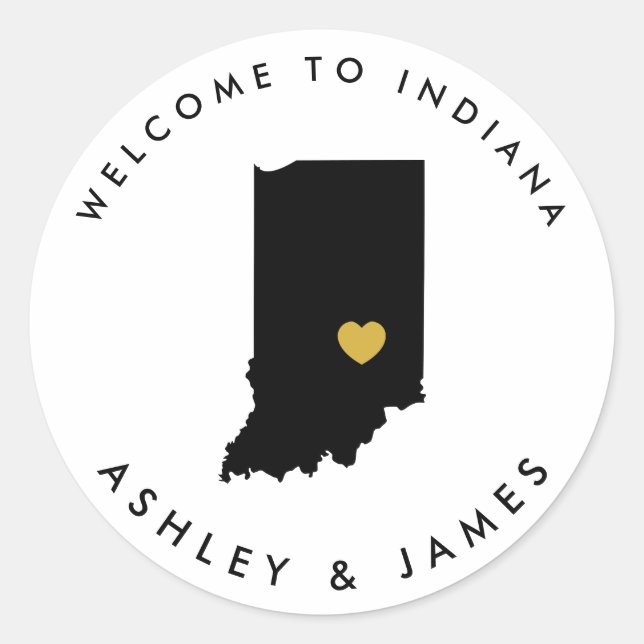 Indiana Wedding Welcome Sticker Tag, Black, Gold (Front)