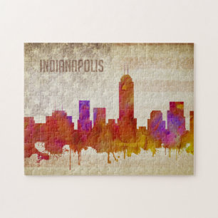 Indianapolis, IN Watercolor City Skyline Jigsaw Puzzle