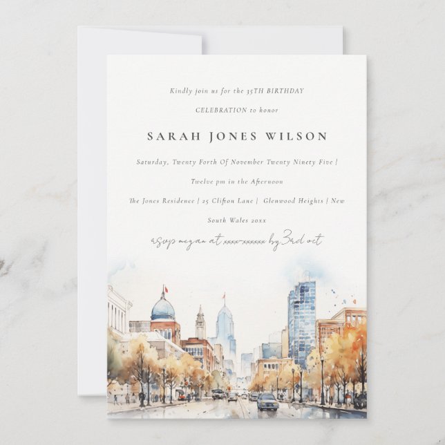 Indianapolis Indiana Landscape Watercolor Birthday Invitation (Front)