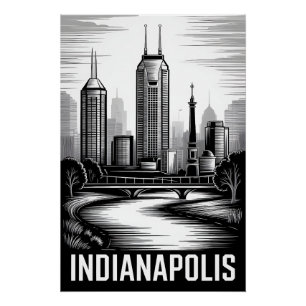 Indianapolis Indiana Skyline Black White Woodcut Poster