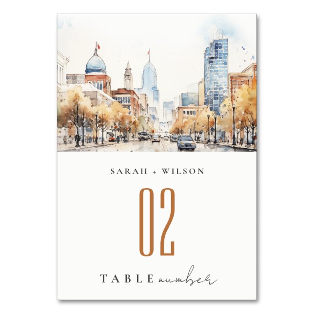 Indianapolis, Indiana Watercolor Landscape Wedding Table Number (Front)
