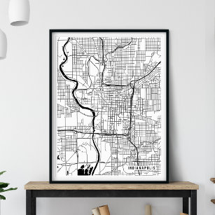 Indianapolis Map, Modern Black and White City Map Poster