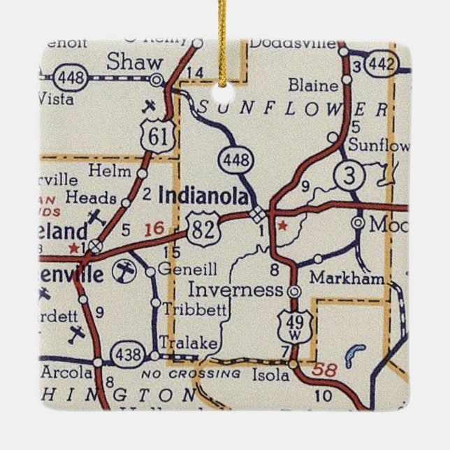 Indianola MS Vintage Map Ceramic Ornament (Back)