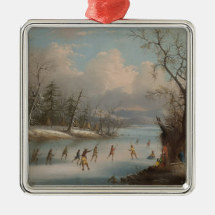 Indians Playing Lacrosse on the Ice Metal Tree Decoration