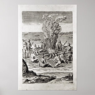 Indians praying around a fire, engraving poster