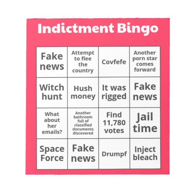 Indictment Bingo Cards Notepad (Front)