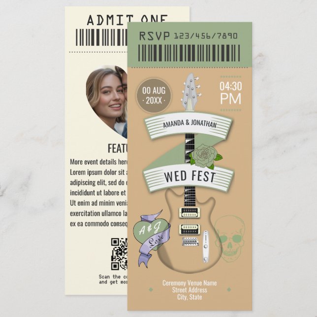 Indie Acoustic Rock ’n’ Roll Wedding Ticket Invitation (Front/Back)