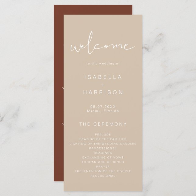 INDIE Bohemian Earth Toned Beige Wedding Program Menu (Front/Back)