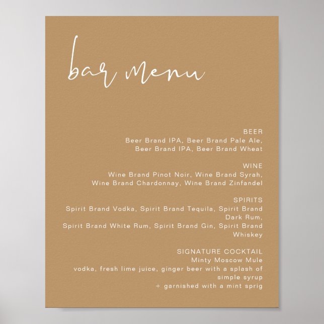 INDIE Boho Earth Toned Wedding Bar Menu Poster (Front)