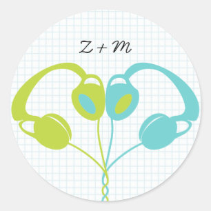 Indie Headphone Heart Blue / Lime Green Wedding Classic Round Sticker