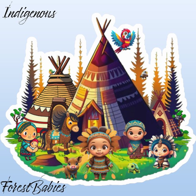 Indigenous American Indian kids, Tipis & Animals (Indigenous ForestBabies Sticker)