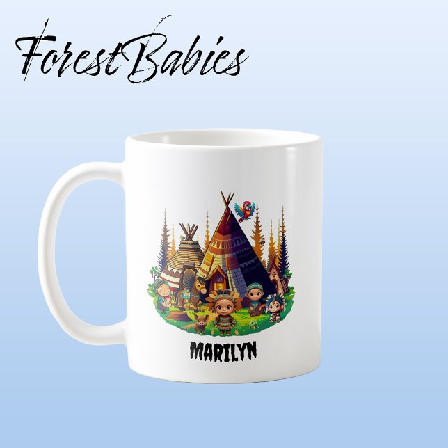 Indigenous American Indian kids, Tipis & Animals Coffee Mug (Indigenous Tribe 🏕 Customizable ForestBabies Mug)